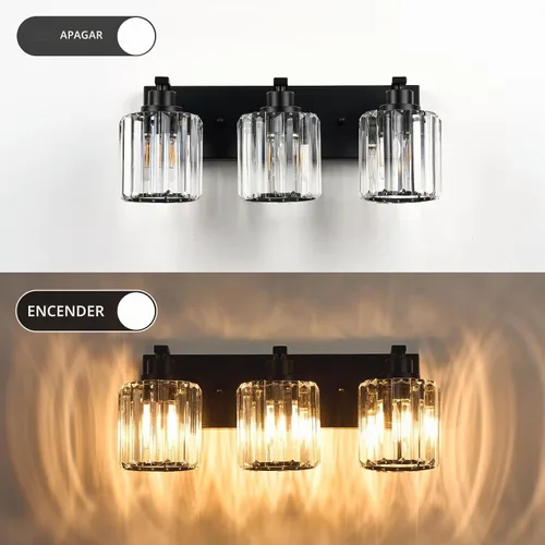 Vista 3 de 3 luces de cristal para tocador de baño, moderna lámpara de baño negra sobre espejo, luces de tocador para dormitorio, baño, pasillo, base E26 Negro