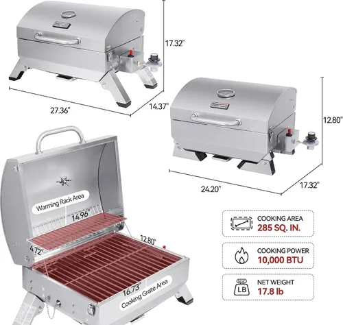 Vista 4 de Royal Gourmet GT1001 Parrilla portátil de acero inoxidable, 10000 BTU Parrilla de gas de mesa para barbacoa con patas plegables y tapa