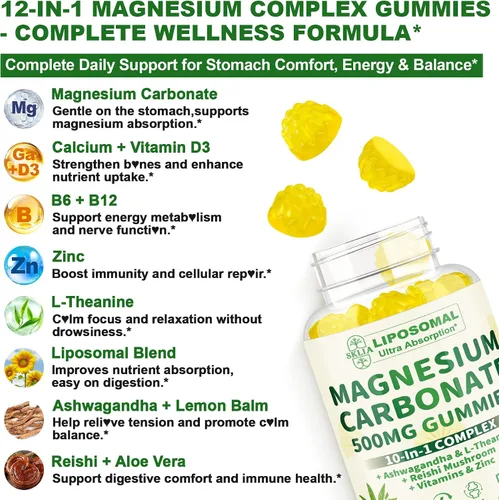 Vista 5 de Gomitas liposomales de carbonato de magnesio de 500 mg - Suplemento de magnesio con Ashwagandha, L-teanina, calcio y vitamina D3 para apoyo muscular