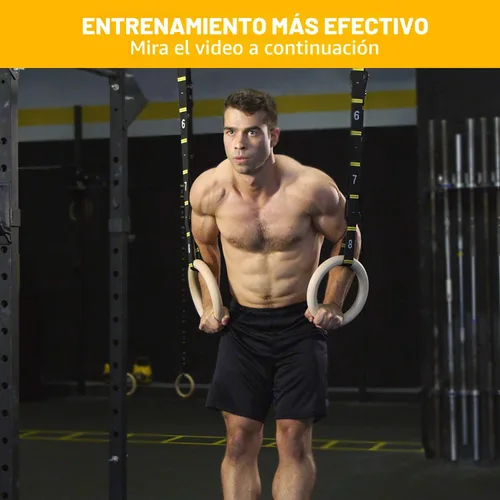 Vista 2 de Anillos de gimnasia de madera Double Circle con correas numeradas de ajuste rápido y guía de videos de ejercicios - Anillos de entrenamiento