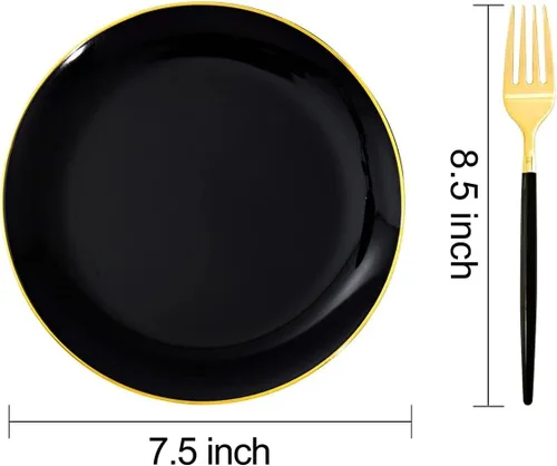 Vista 4 de I00000 Juego de 144 platos de postre negros y dorados, incluye 72 platos de plástico negro y dorado de 7.5 pulgadas y 72 tenedores desechables