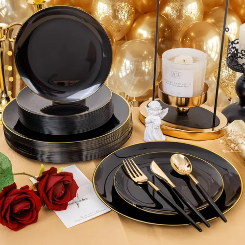 Vista 9 de 150 piezas de platos de plástico negros, platos negros y dorados, cubiertos de plástico dorados, juego de vajilla negro y dorado, vajilla de calidad