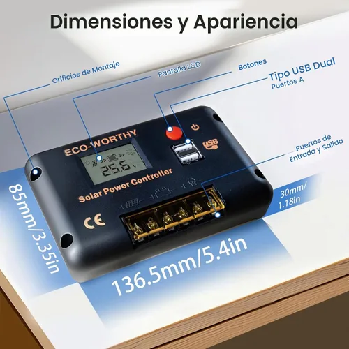 Vista 5 de Controlador de carga solar ECO-WORTHY 30A 12/24V PWM con Bluetooth