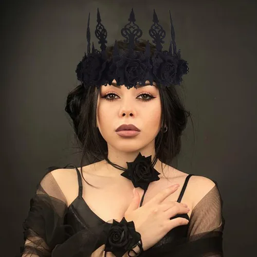 Vista 4 de BARTOSI Diadema de Halloween, tocado gótico floral, diadema de flores de rosas negras, disfraz de Halloween, cosplay, fiesta, festival, accesorios