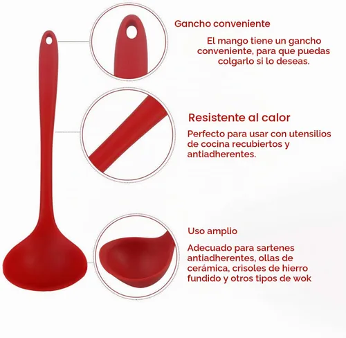 Vista 3 de Juego de 2 cucharones de silicona para sopa, antiadherentes, resistentes al calor, mango largo, irrompible, grande, redonda, para cocina en casa
