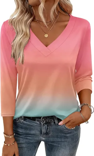 Vista 5 de Zeagoo Camisetas de manga 3/4 para mujer, cuello en V, blusa casual elegante, camisetas básicas 2026, ropa de moda S-2XL