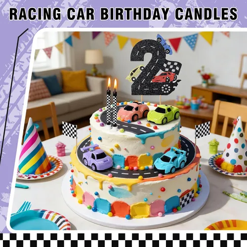 Vista 3 de Decoración para tartas de auto de carreras, 15 piezas, decoración de cumpleaños de autos de carreras, velas de cumpleaños falg a cuadros
