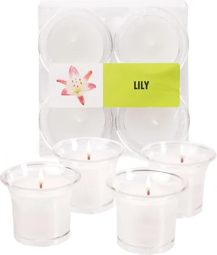 Vista 15 de HYOOLA Clear Cup Velas votivas perfumadas – Citronela – 12 horas de tiempo de combustión – Paquete de 4 – Fabricado en Europa Amarillo Citronela