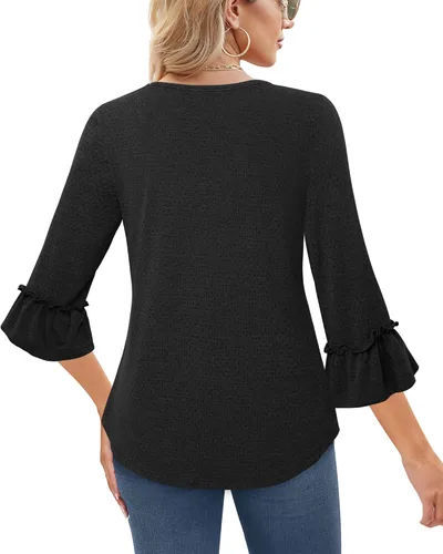 Vista 5 de Messic Blusas para mujer, estilo casual, manga acampanada de 34, cuello en V, túnica