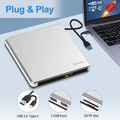 Vista 10 de Guamar Unidad de CD externa para Mac: Reproductor de quemador de DVD portátil para PC portátil con Windows 11 con ranura SD/TF 2 puertos USB - USB-C