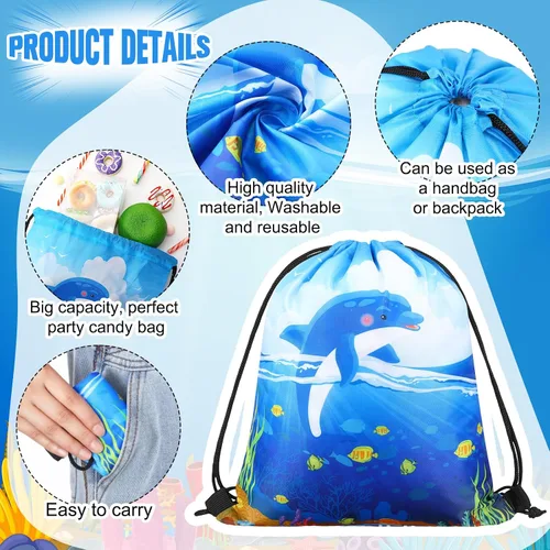 Vista 4 de Sanwuta 18 bolsas de recuerdo de fiesta bajo el mar, bolsas de regalo del océano, bolsas con cordón para regalo de playa, animales marinos, dulces