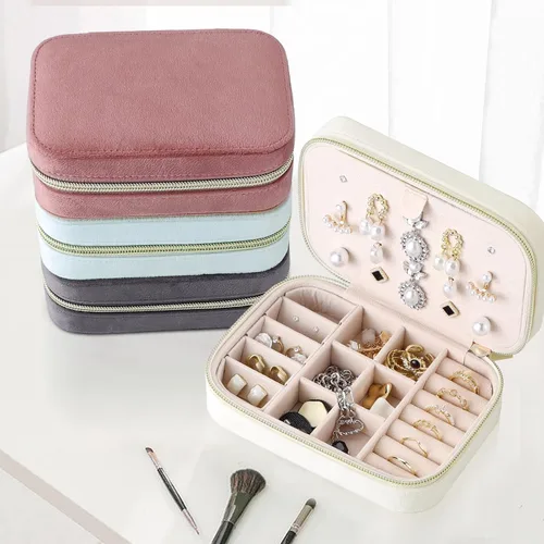 Vista 6 de Firelex Joyero de viaje para joyas, organizador portátil de joyería, estuche de joyería de terciopelo para mujer, mini caja de joyería para anillos