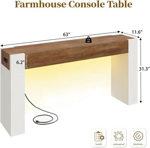 Vista 2 de 63-Inch Farmhouse Console Sofa Table with Power Outlets & LED Lights