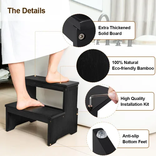 Vista 4 de StrongTek Taburete de bambú de dos escalones para adultos y niños, taburete de cama con parte inferior antideslizante, resistente para cocina, baño