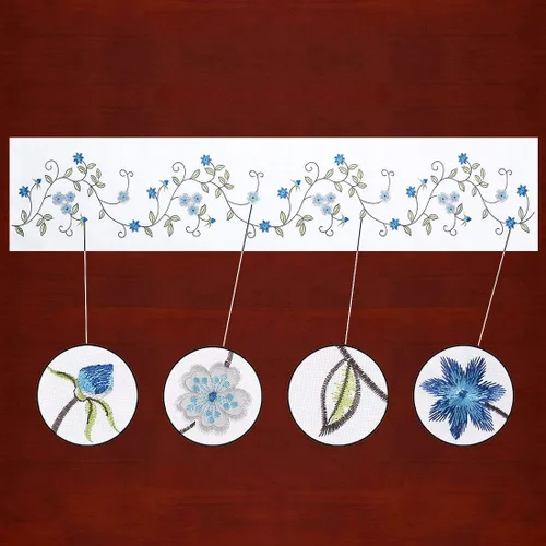 Vista 2 de Caminos de mesa pequeños y cortos de doble grosor con bordado floral rústico para primavera y verano, bufanda de tocador (azul, 14 x 35 pulgadas)