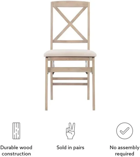 Vista 9 de MAKLAINE Juego de dos sillas plegables X-Back, asiento acolchado en madera blanqueada