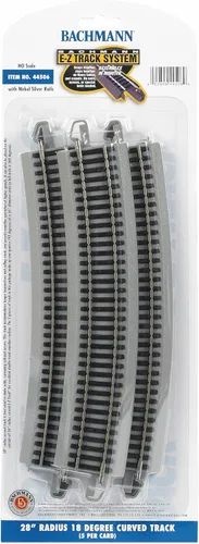 Vista 4 de Bachmann Trains - Pista E-Z a presión RADIUS 28" RADIUS 18 GRADOS CURVA (5/tarjeta) - Riel de plata de níquel con plataforma gris - Escala HO