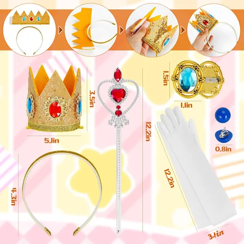Vista 2 de Kit de accesorios de corona de melocotón de princesa de 5 piezas para niñas, suministros de disfraces de princesa melocotón, suministros