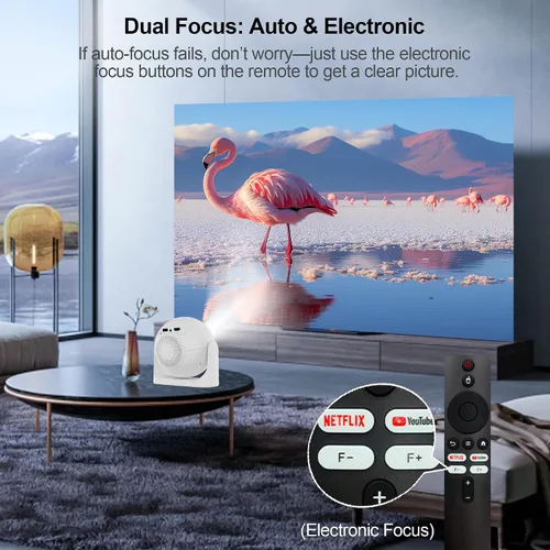 Vista 4 de Mini proyector de enfoque automático con aplicaciones integradas, proyector portátil con WiFi y Bluetooth, proyector de techo Keystone automático