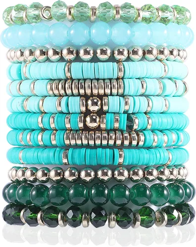 Vista 6 de 14Pcs 12Pcs Heishi Clay Bead Bracelets For Women, Boho Colorful Surfer Stackable Crystal Beads Bracelets Set Summer Beach Jewelry Negro+Blanco