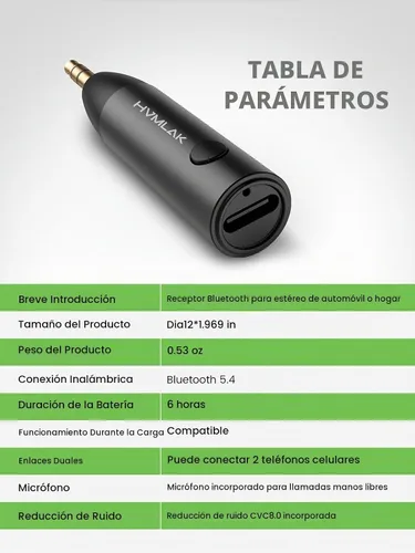 Vista 6 de HVMLAK Adaptador Bluetooth 5.3 Aux para Coche con Micrófono Mejorado, Jack de 3.5mm para Estéreo de Coche y Hogar, Carga USB-C, Estuche Resistente