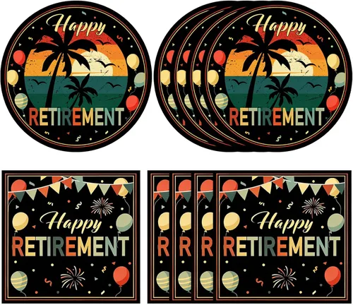 Vista 15 de Juego de 40 piezas de vajilla desechable para fiestas de jubilación para hombres y mujeres, color negro y plateado, incluye platos de jubilación