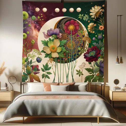 Vista 61 de Ambesonne Tapiz verde, fases lunares alrededor de un árbol de la vida, impresión de diseño bohemio de astrología nocturna, decoración de tela