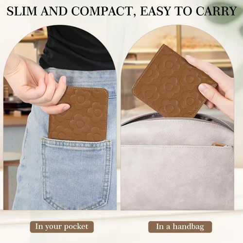 Vista 6 de Billetera para mujer, delgada y pequeña, billetera compacta con RFID, plegable, compacta, para mujer, cartera de cuero en relieve 3D con soporte