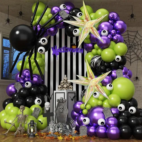 Vista 11 de Jobkoo Kit de guirnalda de arco de globos de Halloween, globos de confeti negro, morado, naranja, globos de confeti de Halloween, cumpleaños, baby