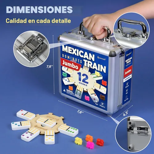 Vista 6 de Queensell Juego de dominó de tren mexicano doble 12 – Juego de dominó jumbo para adultos, 91 azulejos con puntos coloridos, cubo de madera, tren