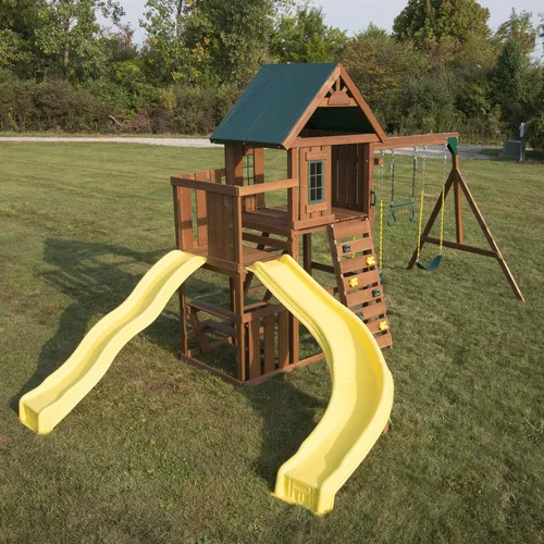 Vista 3 de Swing-N-Slide WS 8355 Castlebrook - Juego de columpios con dos toboganes, columpios y pared de escalada, madera