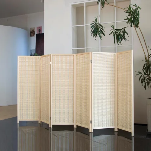 Vista 9 de Divisor corto de habitación de 3 paneles – Pantalla de privacidad plegable de doble cara de 3.9 pies de alto, pared de división de bambú beige