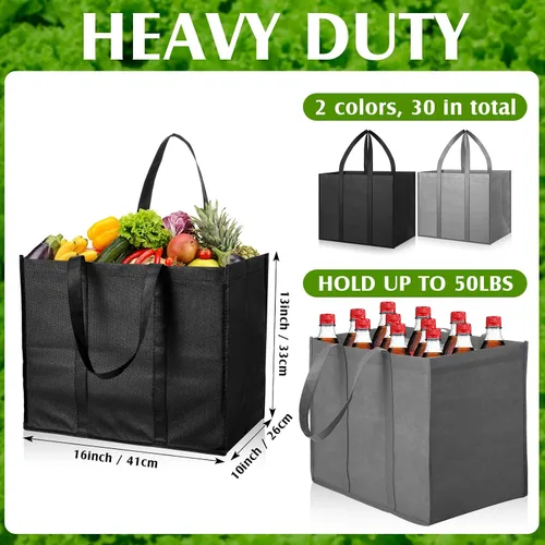 Vista 3 de Hillban Paquete de 30 bolsas de comestibles reutilizables a granel resistentes grandes bolsas de compras lavables plegables con asas Heavy Duty