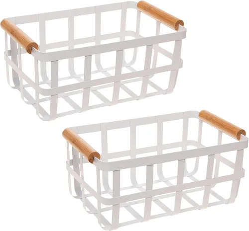 Vista 8 de Simplify Cesta de almacenamiento cuadrada de metal con asas de bambú Mediana Cesta de alambre estilo granja Organizador para el hogar Negro