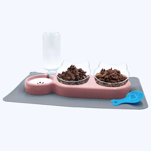 Vista 9 de Cuencos triples para gatos con dispensador de agua, juego de cuencos para agua y alimentos para mascotas con alfombrilla antideslizante, cuencos