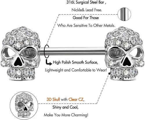 Vista 3 de OUFER 2 anillos de pezón de acero quirúrgico 14G 316L con circonita cúbica transparente para pezones piercing para pezón Metal circonita cúbica