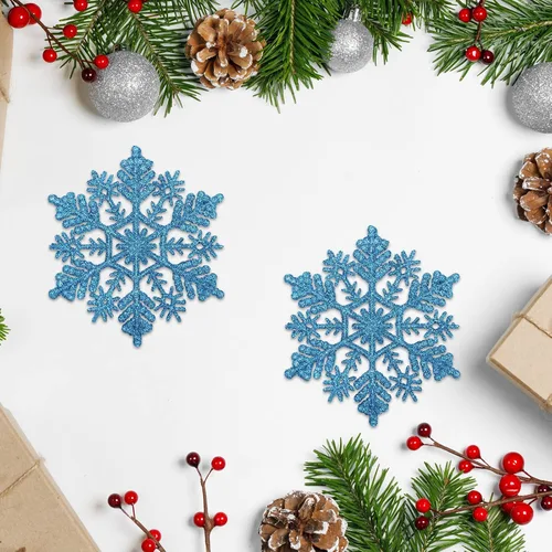 Vista 2 de Paquete de 30 adornos de copo de nieve con purpurina azul, decoraciones de plástico para árbol de Navidad para el país de las maravillas