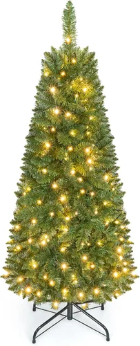 Vista 21 de GOFLAME Árbol de Navidad artificial preiluminado de 4 pies, árbol de Navidad delgado con nieve en forma de lápiz con luces LED multicolor y blanco