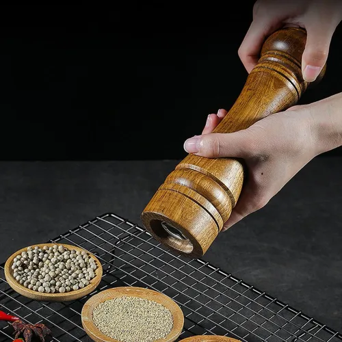 Vista 6 de Juego de molinillo de pimienta de madera con molinillo manual, molinillos sólidos con juego de molinillos de cerámica ajustables fuertes de 8
