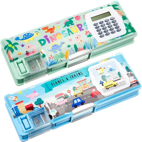 Vista 7 de Henoyso Estuche multifuncional de 2 piezas con calculadora para niñas, bonita caja de lápices de plástico con sacapuntas, bolsa para bolígrafos