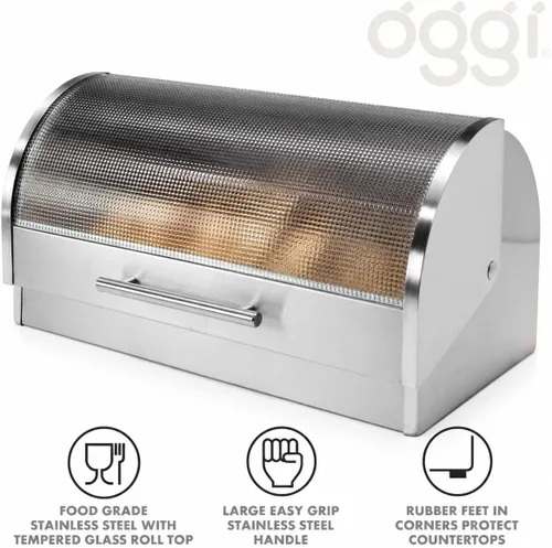 Vista 5 de Oggi Panera con tapa enrollable de acero inoxidable para encimera de cocina con tapa de vidrio templado - Se adapta a múltiples hogazas grandes