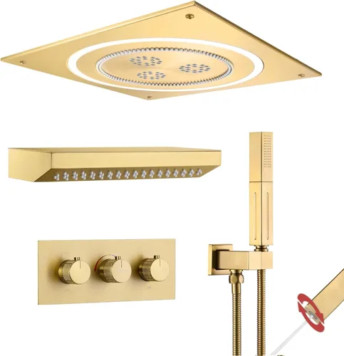Vista 12 de VANFOXLE - Juego de grifo de ducha dorado cepillado, grifo de ducha con 2 en 1 de mano, cabezal de ducha LED de 16 pulgadas, cabezal de ducha de 6