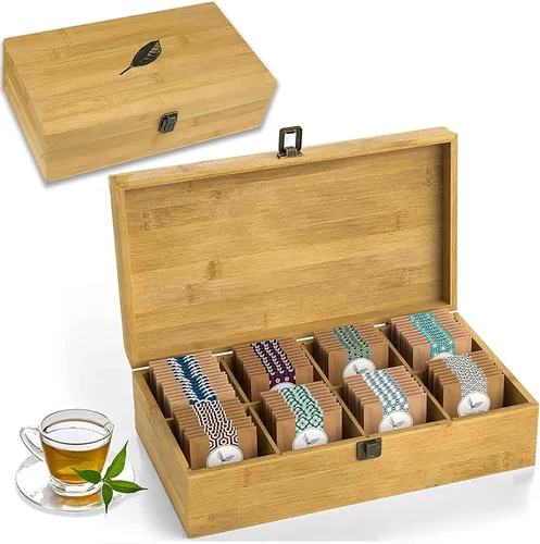Vista 13 de Caja organizadora de té segura para alimentos, libre de productos químicos, baúl de almacenamiento de bambú, cubos ajustables