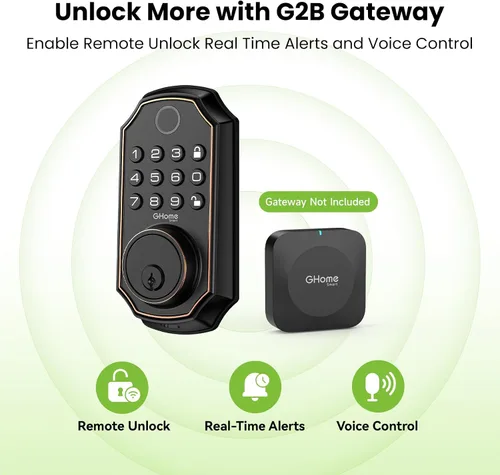 Vista 8 de GHome Smart Cerradura de puerta de huellas dactilares para puerta delantera, cerrojo de entrada sin llave con teclado, control de aplicación Negro