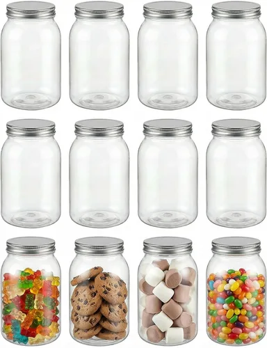 Vista 9 de Novelinks - Tarros de plástico de 32 onzas y recipientes de plástico con tapas 12 Pack, Black, 32 oz Clear Plastic Jars with Lids, Quart Mason