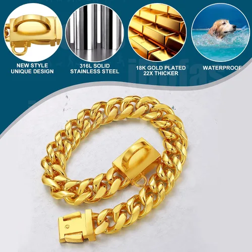 Vista 4 de Collar de cadena para perro, collar de perro de eslabones cubanos de oro de 0.551 in con hebilla a presión, collares de acero inoxidable chapado