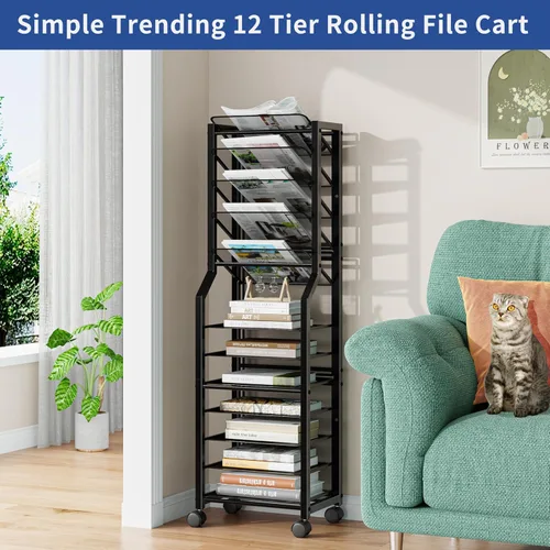 Vista 3 de Simple Trending - Carrito de archivo de 12 niveles con ruedas, organizador de escritorio con bandejas deslizantes y malla metálica