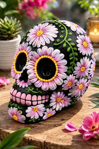 Vista 4 de Banco de monedas con diseño floral de calavera de azúcar negra y rosa de 5 pulgadas