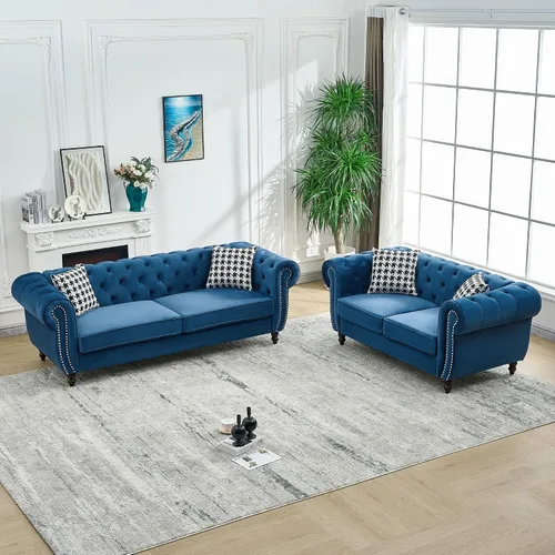Vista 10 de Juego de 2 sofás de terciopelo negro moderno de mediados de siglo, sofá y sofá biplaza con botones copetudos, muebles para la sala, cómodo sofá Azul