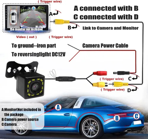 Vista 6 de QUICTO - Cámara de respaldo para auto, impermeable, ultra HD, 12 LED, visión nocturna, vista trasera, cámara de ángulo amplio de 170°, marco largo